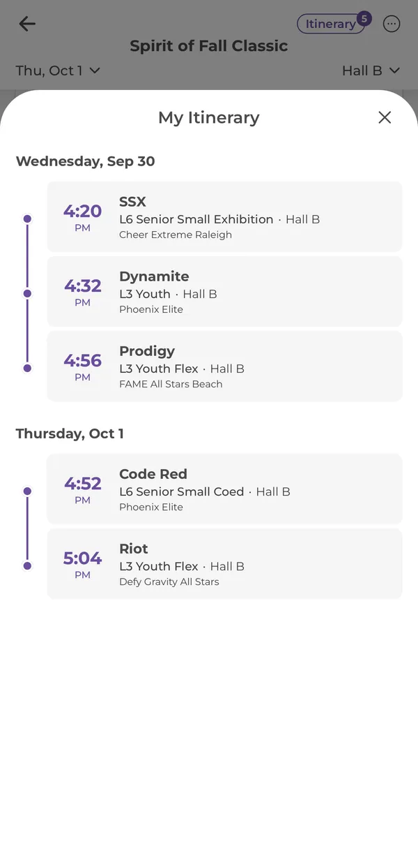 My Itinerary sheet with routines grouped by day on a timeline