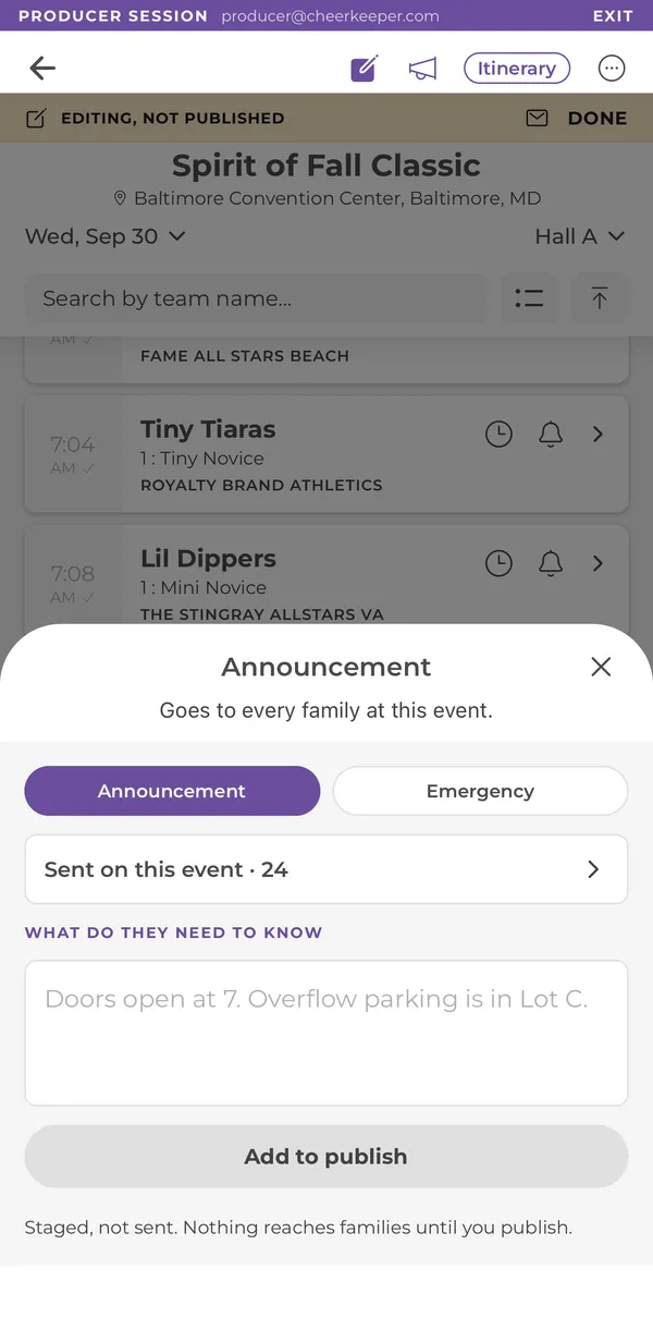 Announcement sheet with Announcement and Emergency toggle