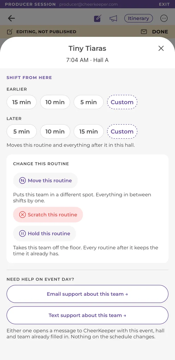 Routine sheet with shift earlier or later, move, scratch and hold