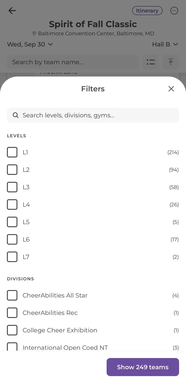 Filters sheet with levels and divisions and team counts