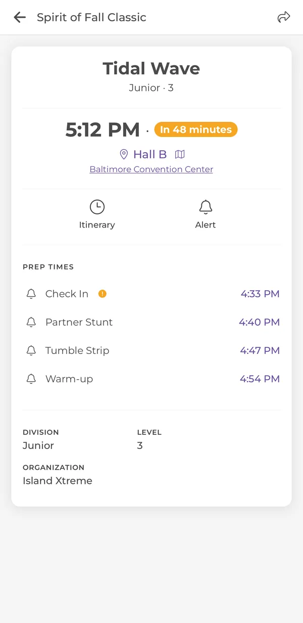 Team detail with performance time, countdown, hall, and prep times with bells