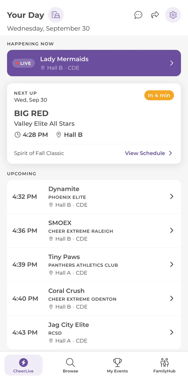 Your Day screen with a live routine, a Next Up card counting down, and an upcoming list