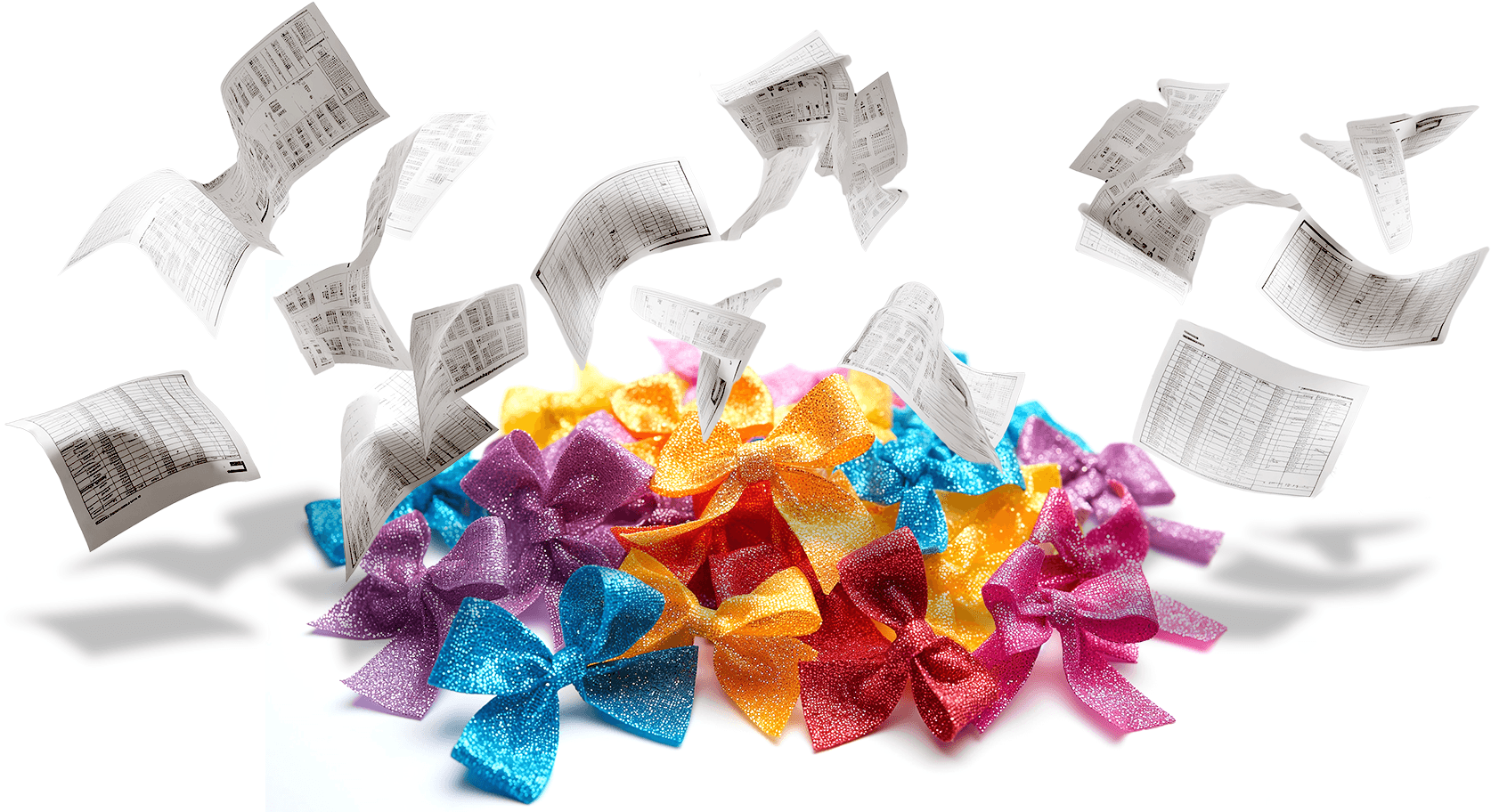 Crumpled paper schedules and cheer bows
