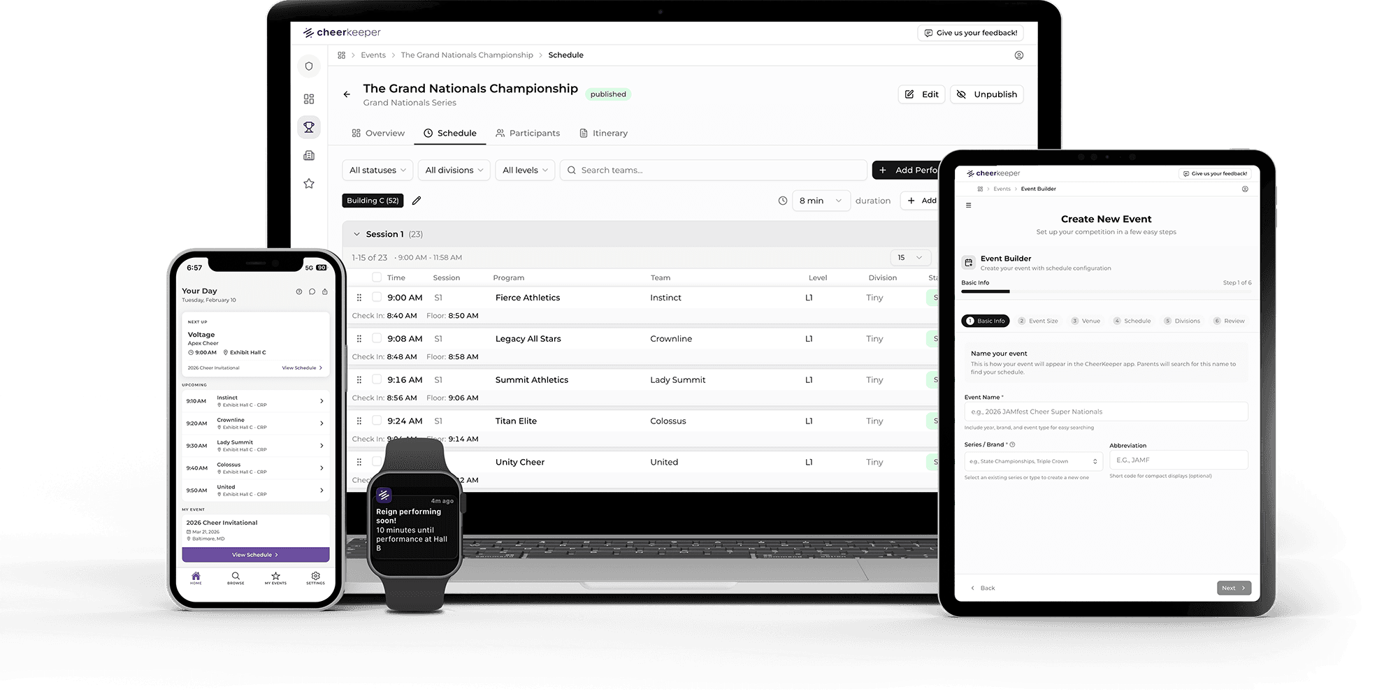 CheerKeeper on laptop, tablet, phone, and watch