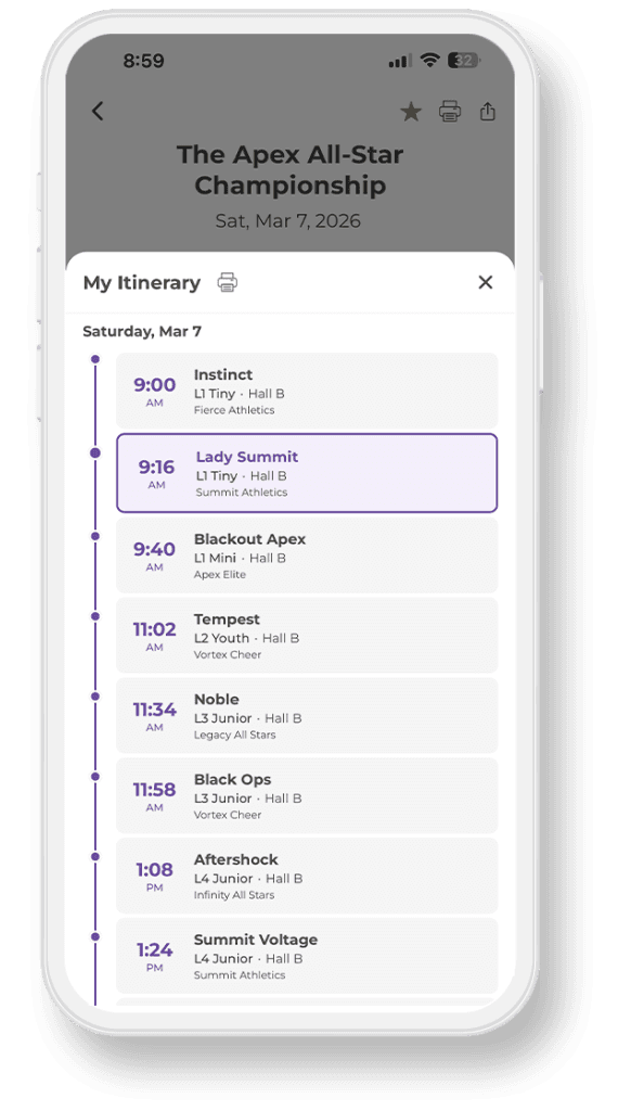 CheerKeeper mobile app showing itinerary